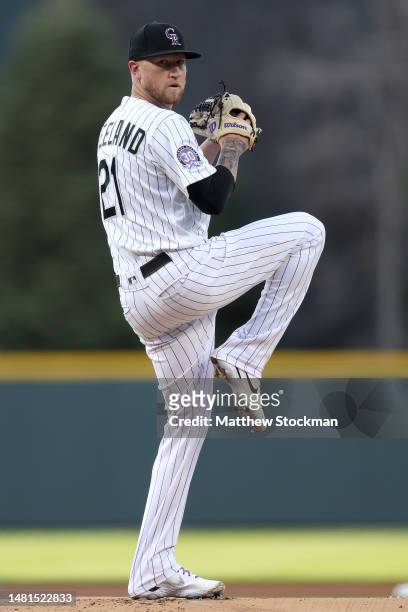 Starting pitcher Kyle Freeland of the Colorado Rockies throws against the St Louis Cardinals in the first inning at Coors Field on April 11, 2023 in...