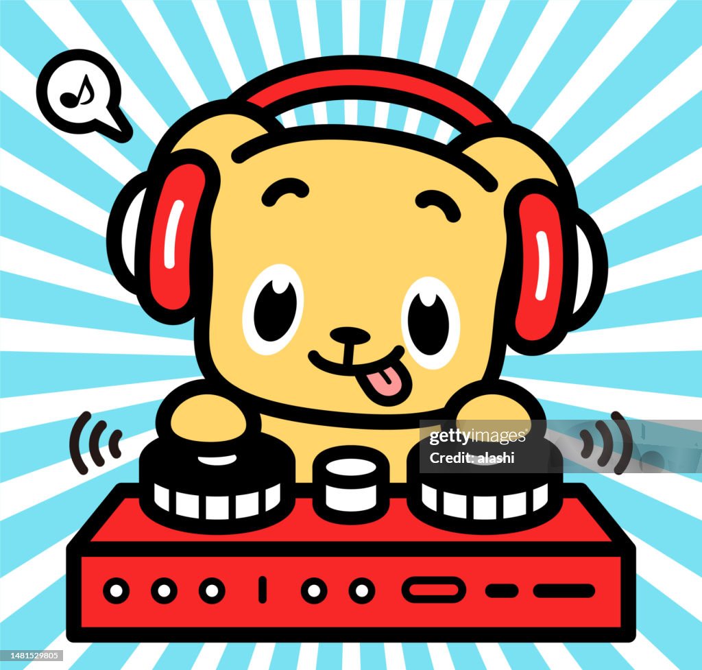 Cute character design of a labrador retriever wearing headphones and playing on turntables