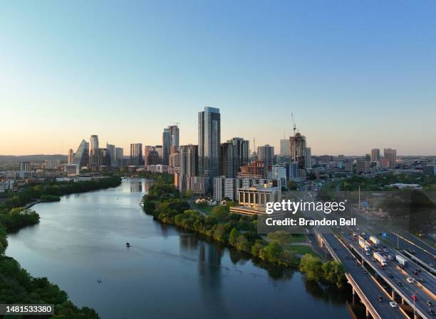 In an aerial view, the downtown skyline is seen on April 11, 2023 in Austin, Texas. The city of Austin has been ranked as the top destination of U.S....
