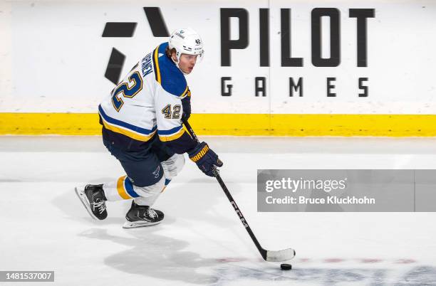 Kasperi Kapanen of the St. Louis Blues skates with the puck during the game at Xcel Energy Center on April 8, 2023 in St. Paul, Minnesota.