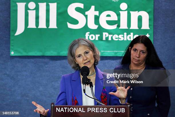 Green Party presidential candidate Jill Stein speaks while Cheri Honkala listens during a news conference at the National Press Club, on July 11,...