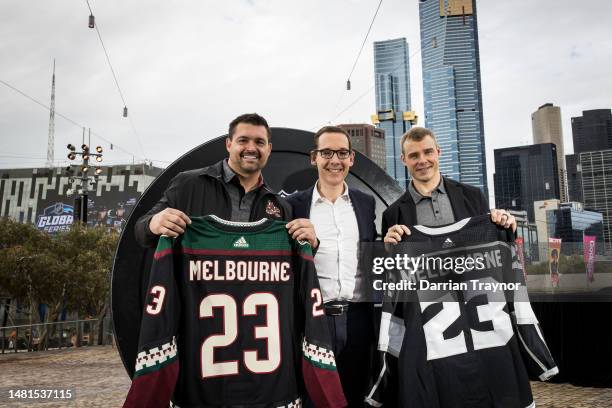 Former NHL players Darcy Hordichuk and Dustin Brown pose for a photo with Minister for Tourism, Sport and Major Events Steve Dimopoulos during a...