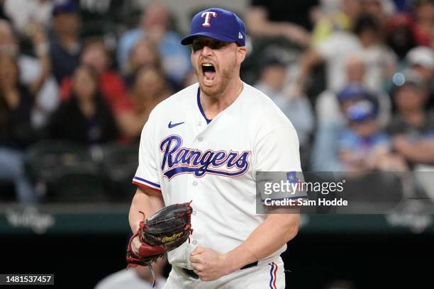 Will Smith of the Texas Rangers reacts after the top of the eighth inning against the Kansas City Royals at Globe Life Field on April 11, 2023 in...