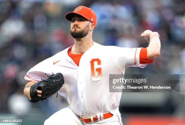 Alex Wood of the San Francisco Giants pitches against the Los Angeles Dodgers in the top of the first inning at Oracle Park on April 11, 2023 in San...