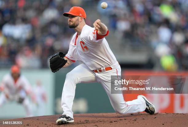 Alex Wood of the San Francisco Giants pitches against the Los Angeles Dodgers in the top of the first inning at Oracle Park on April 11, 2023 in San...