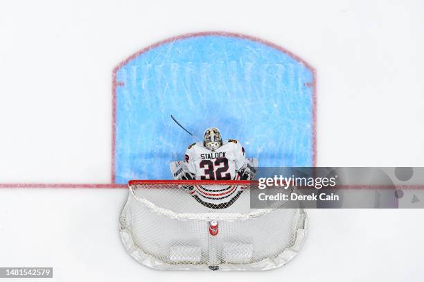 Alex Stalock of the Chicago Blackhawks in net during the first period of their NHL game against the Vancouver Canucks at Rogers Arena on April 6,...