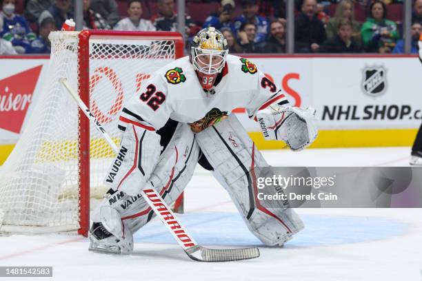 Alex Stalock of the Chicago Blackhawks in net during the first period of their NHL game against the Vancouver Canucks at Rogers Arena on April 6,...