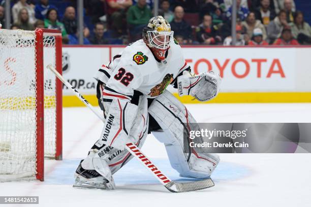 Alex Stalock of the Chicago Blackhawks in net during the third period of their NHL game against the Vancouver Canucks at Rogers Arena on April 6,...