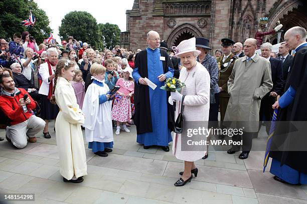 Queen Elizabeth II visits Hereford Cathedral on July 11, 2012 in Hereford, England. The visit is part of the Queen and Duke of Edinburgh's Diamond...