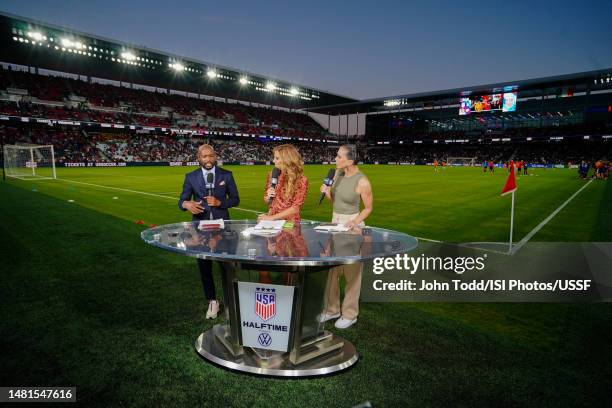 Television commentators DaMarcus Beasley, Sara Walsh, and Shannon Boxx during the HBO Max halftime show during a game between Ireland and USWNT at...