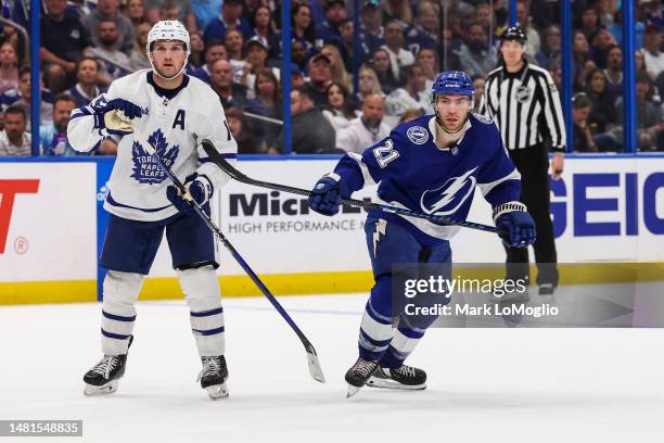 Brayden Point of the Tampa Bay Lightning against the Toronto Maple Leafs during the third period at Amalie Arena on April 11, 2023 in Tampa, Florida.