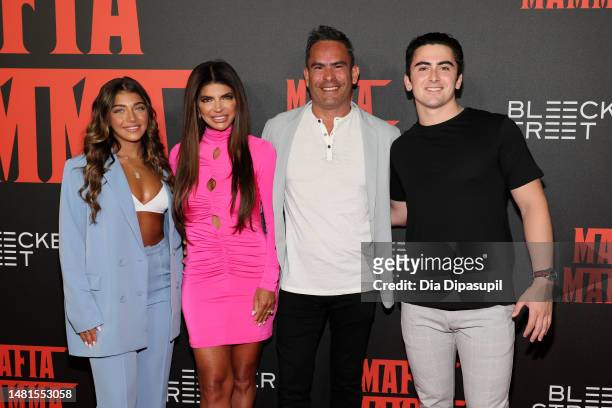 Gia Giudice, Teresa Giudice, Luis Ruelas, and David Ruelas attend the "Mafia Mamma" New York screening at AMC Lincoln Square Theater on April 11,...