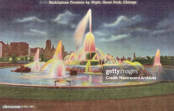 Vintage colorized historic souvenir photo postcard published in 1937 as part of a series titled, 'Greater Chicago,' depicting a view of the colorful...