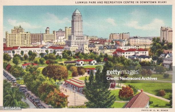 Vintage colorized historic souvenir photo postcard published circa 1935 as part of a series titled, 'Miami the Magic City,' depicting a view of...