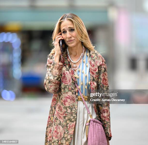 Sarah Jessica Parker is seen on the set of "And Just Like That..." Season 2, the follow up series to "Sex and the City," in Midtown Manhattan on...