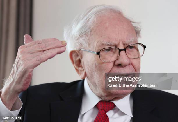 Berkshire Hathaway CEO Warren Buffett speaks during the Asahi Shimbun interview on April 11, 2023 in Tokyo, Japan.