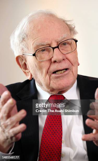 Berkshire Hathaway CEO Warren Buffett speaks during the Asahi Shimbun interview on April 11, 2023 in Tokyo, Japan.