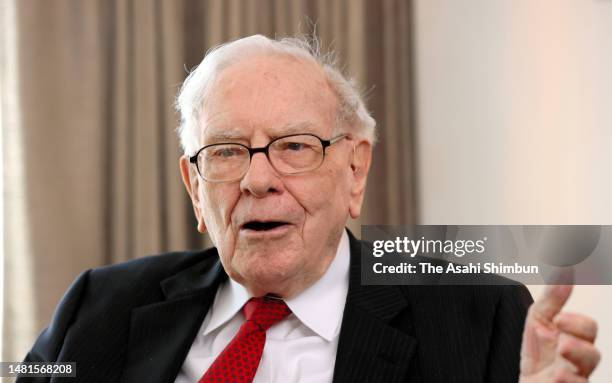 Berkshire Hathaway CEO Warren Buffett speaks during the Asahi Shimbun interview on April 11, 2023 in Tokyo, Japan.