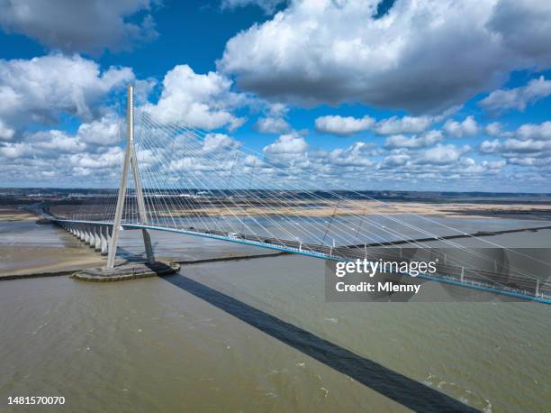 pont de normandie france normandy bridge river seine drone view - pont de normandie stock pictures, royalty-free photos & images