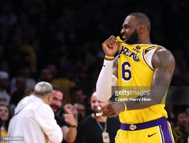 LeBron James of the Los Angeles Lakers reacts in the final seconds during a 108-102 overtime Lakers win over the Minnesota Timberwolves in a play-in...
