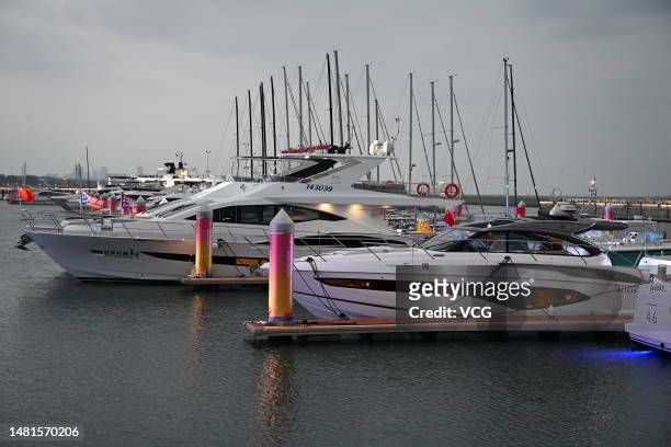 Yachts are on display at Haikou National Sailing Base Public Wharf during the 3rd China International Consumer Products Expo on April 11, 2023 in...