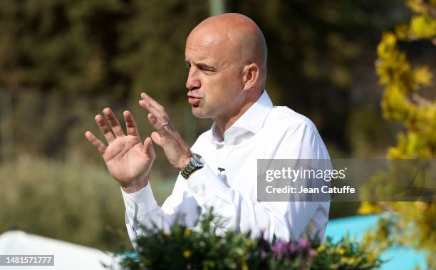 Ivan Ljubicic is interviewed during day three of the Rolex Monte-Carlo Masters 2023 at Monte-Carlo Country Club on April 11, 2023 in...