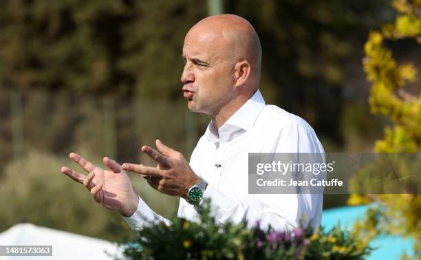 Ivan Ljubicic is interviewed during day three of the Rolex Monte-Carlo Masters 2023 at Monte-Carlo Country Club on April 11, 2023 in...