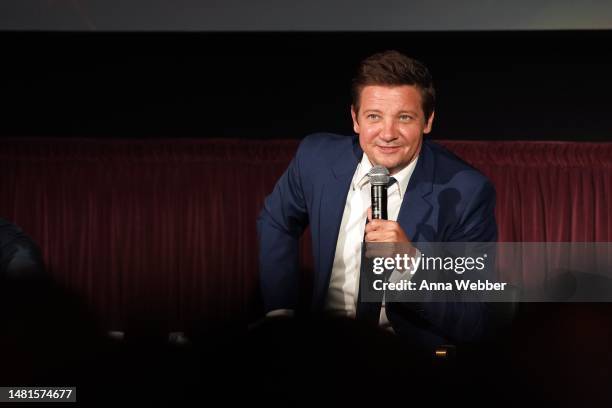 Jeremy Renner speaks onstage during the world premiere event for the Disney+ original series "Rennervations" at Westwood Regency Village Theater on...