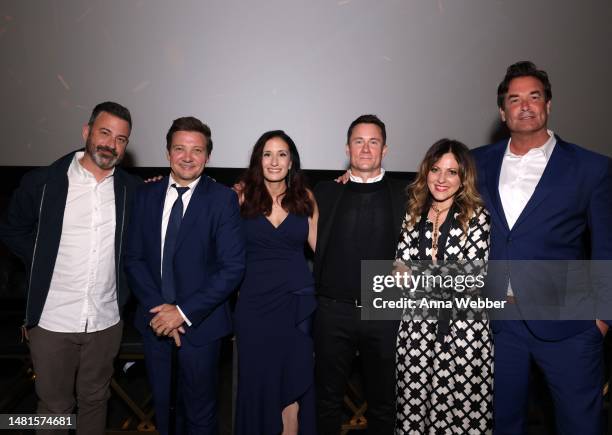 Jimmy Kimmel, Jeremy Renner, Roxy Molohon, Patrick Costello, Romilda De Luca and Rory Millikin attend the world premiere event for the Disney+...