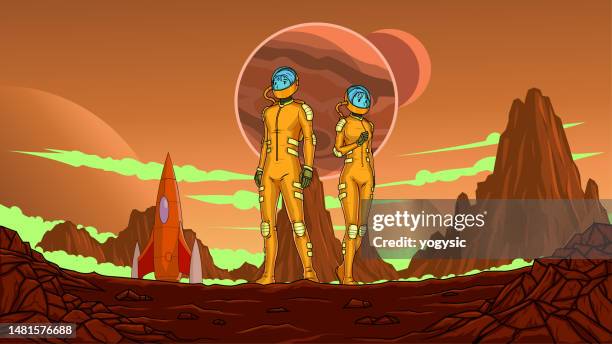 stockillustraties, clipart, cartoons en iconen met vector anime astronaut couple on a planet stock illustration - et poster