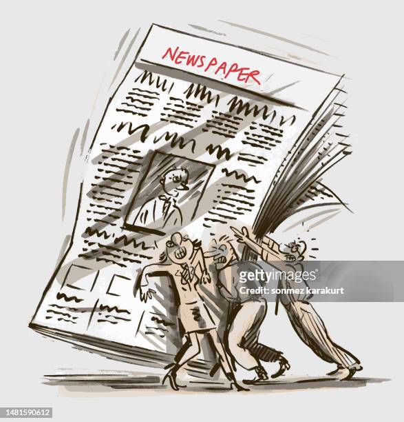 people trying to carry the giant newspaper - press freedom stock illustrations