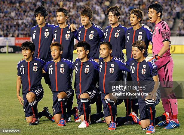 The Japan U-23 team players line up for a team photograph prior to the international friendly match between Japan U-23 and New Zealand U-23 at the...