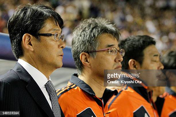 Japan U-23 team head coach Takashi Sekizuka looks on prior to the international friendly match between Japan U-23 and New Zealand U-23 at the...