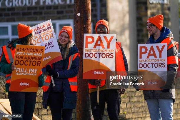 Junior doctors take part in industrial action outside Huddersfield Royal Infirmary on April 12, 2023 in Huddersfield, England. Junior doctors in...