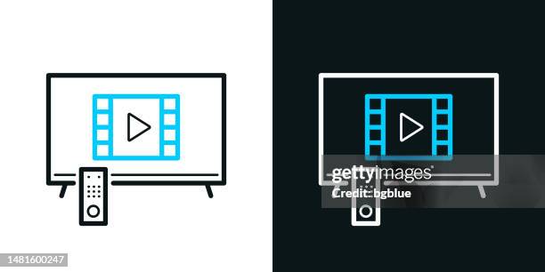 stockillustraties, clipart, cartoons en iconen met watch video on tv. bicolor line icon on black or white background - editable stroke - netflix
