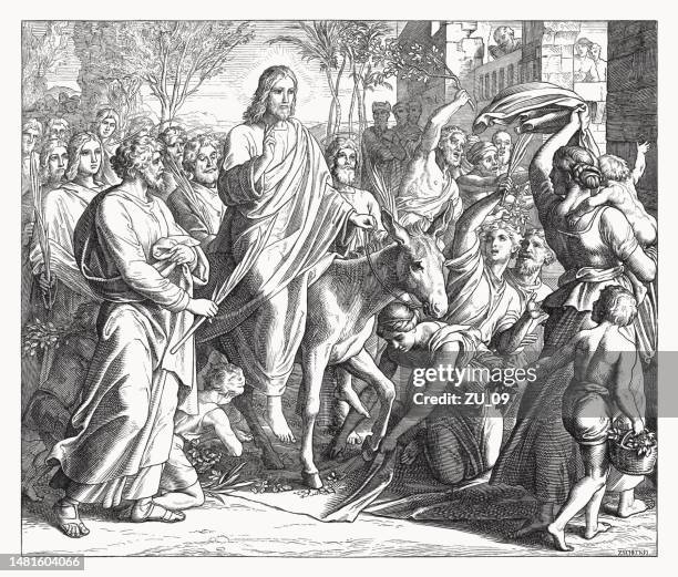 ilustrações, clipart, desenhos animados e ícones de a entrada de jesus em jerusalém (mateus 21, 8-9), xilogravura, publicada em 1860 - jesus entry into jerusalem