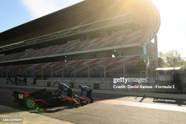 Megan Gilkes of Canada and Rodin Carlin stops in the Pitlane during day two of F1 Academy Testing at Circuit de Barcelona-Catalunya on April 12, 2023...