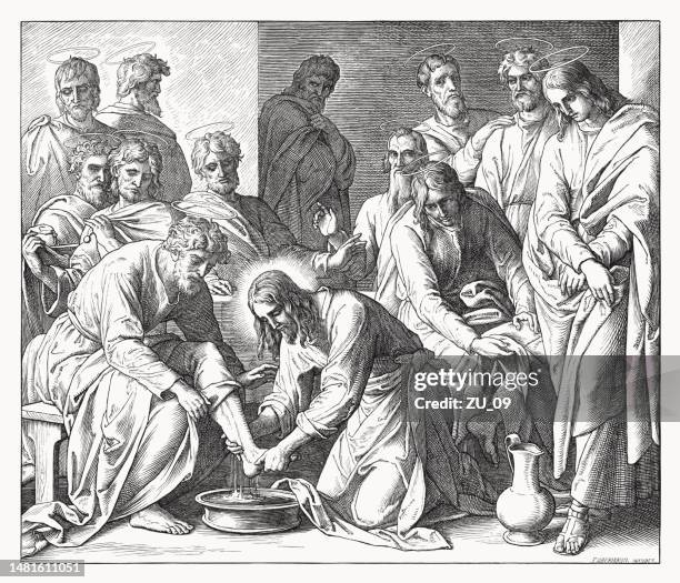 stockillustraties, clipart, cartoons en iconen met washing the disciples’ feet (john 13), wood engraving, published 1860 - apostel