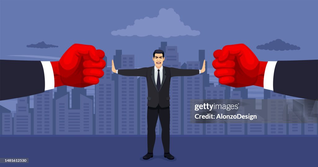 Businessman Mediating a Conflict Between two Businessmen. Business Conflict Disputes. Stop conflict.