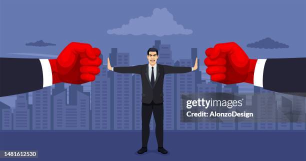 businessman mediating a conflict between two businessmen. business conflict disputes. stop conflict. - furious stock illustrations stock illustrations