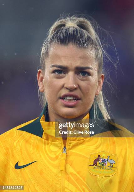 Charlotte Grant of Australia looks on prior to the Women's International Friendly between England and Australia at Gtech Community Stadium on April...