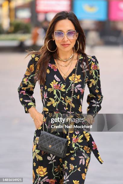 Myleene Klass arriving at Smooth Radio Studios on April 12, 2023 in London, England.