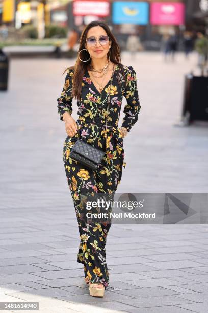 Myleene Klass arriving at Smooth Radio Studios on April 12, 2023 in London, England.