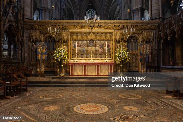 The Cosmati pavement, a mosaic containing marble, stone, glass and metal that dates to the 13th century, and the spot where King Charles will be...