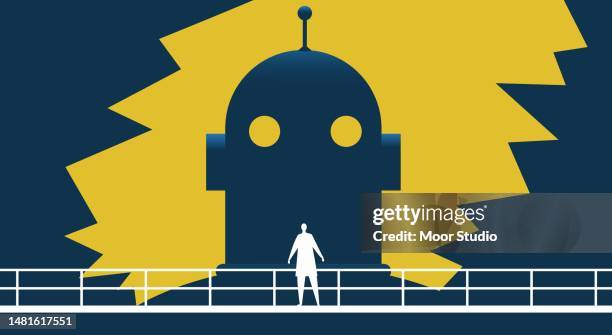 illustrazioni stock, clip art, cartoni animati e icone di tendenza di scienziato e illustrazione vettoriale gigante del robot - malvagità