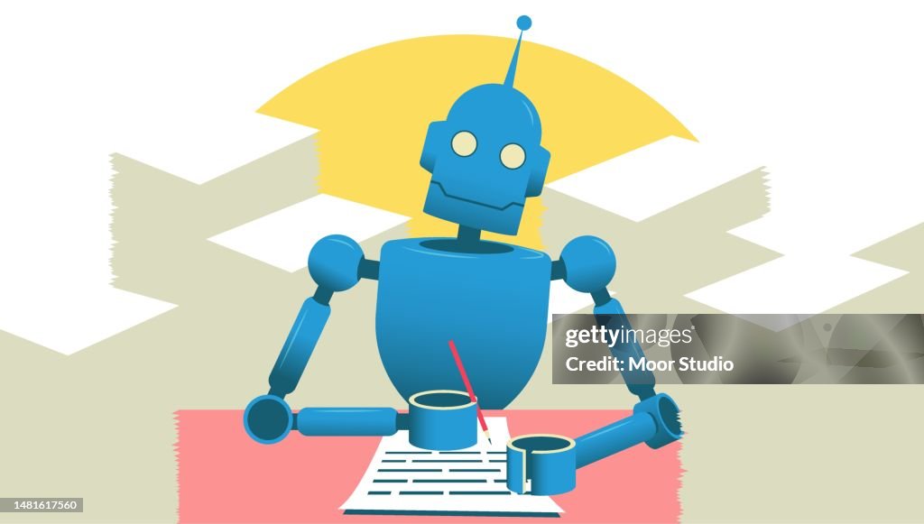 Robot writing a letter vector illustration