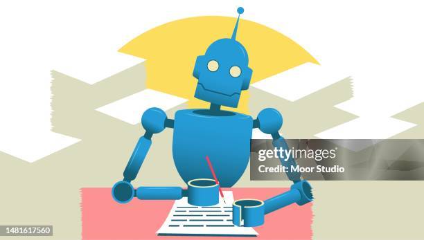 bildbanksillustrationer, clip art samt tecknat material och ikoner med robot writing a letter vector illustration - robot
