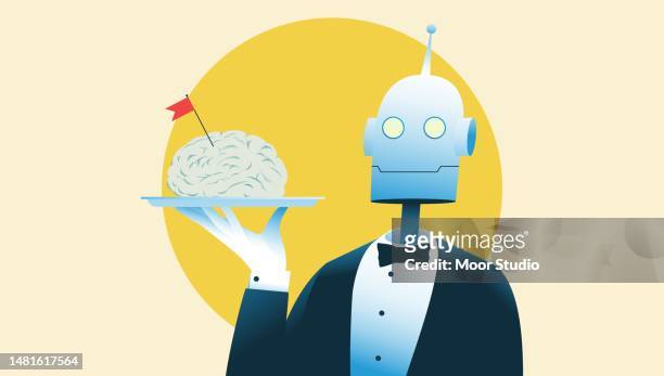 robot waiter holding human brain on a tray illustration - butler stock illustrations