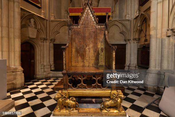 The Coronation Chair is seen inside Westminster Abbey ahead of the King's Coronation on April 12, 2023 in London, England. Westminster Abbey has been...