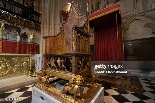 The Coronation Chair is seen inside Westminster Abbey ahead of the King's Coronation on April 12, 2023 in London, England. Westminster Abbey has been...